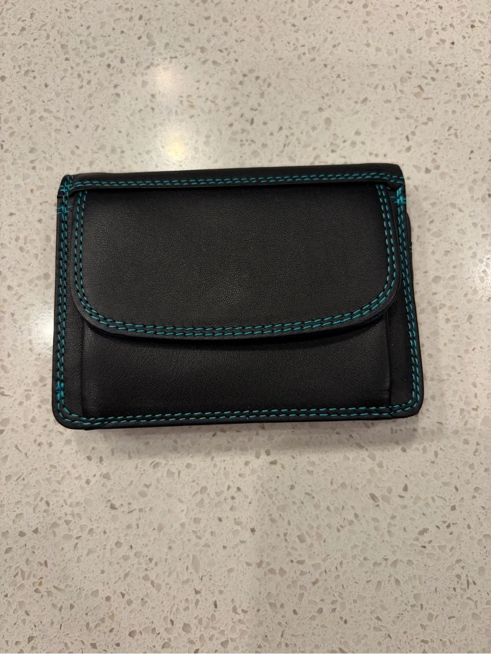 Mywalit Black Leather Wallet with Blue Contrast Stitching NWT